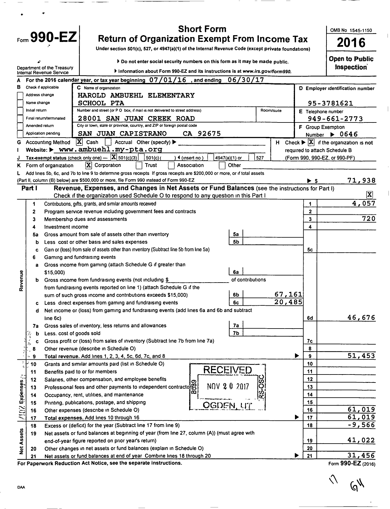 Image of first page of 2016 Form 990EZ for California State PTA - Harold Ambuehl Elementary PTA