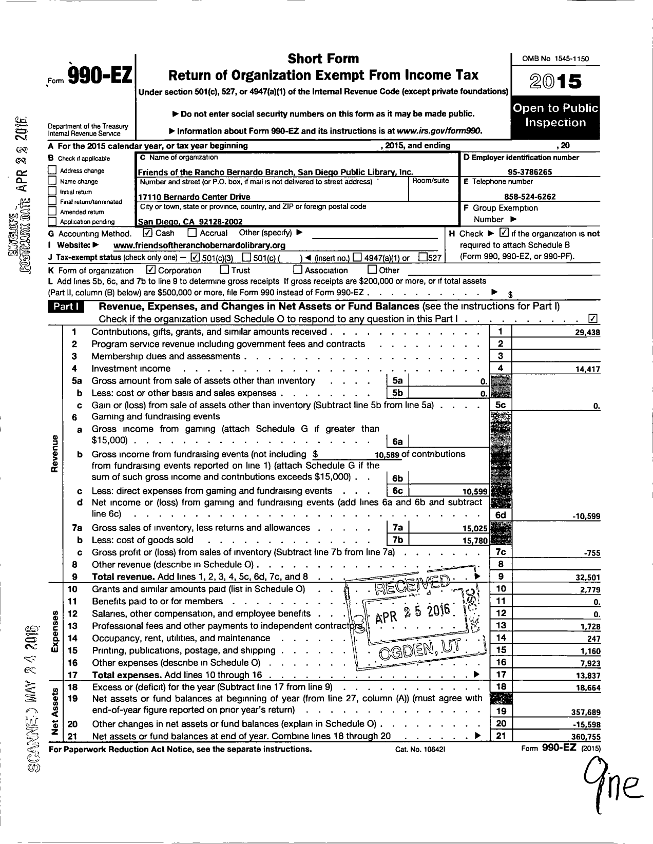 Image of first page of 2015 Form 990EZ for Friends of the Rancho Bernardo Library