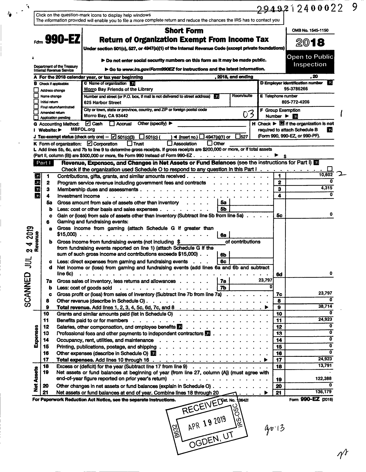 Image of first page of 2018 Form 990EZ for Morro Bay Friends of the Library