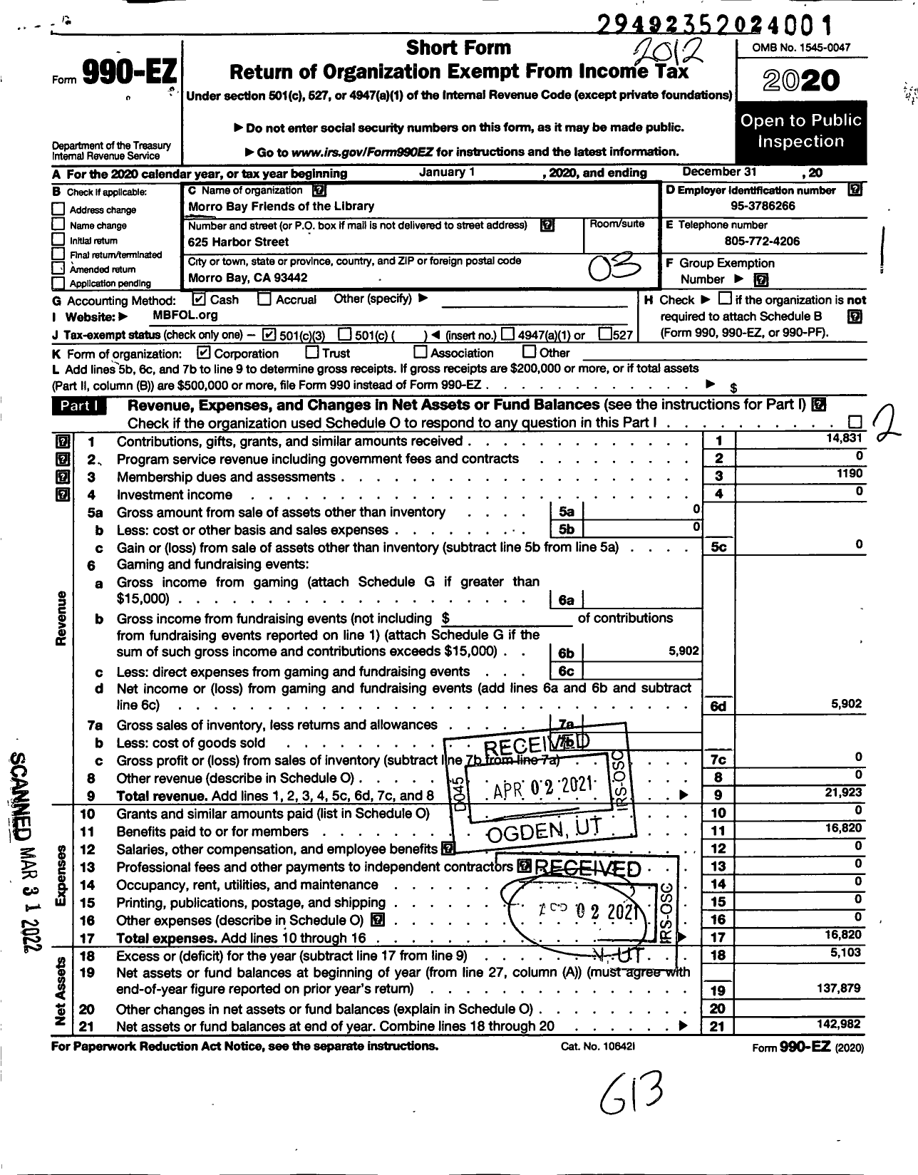 Image of first page of 2020 Form 990EZ for Morro Bay Friends of the Library