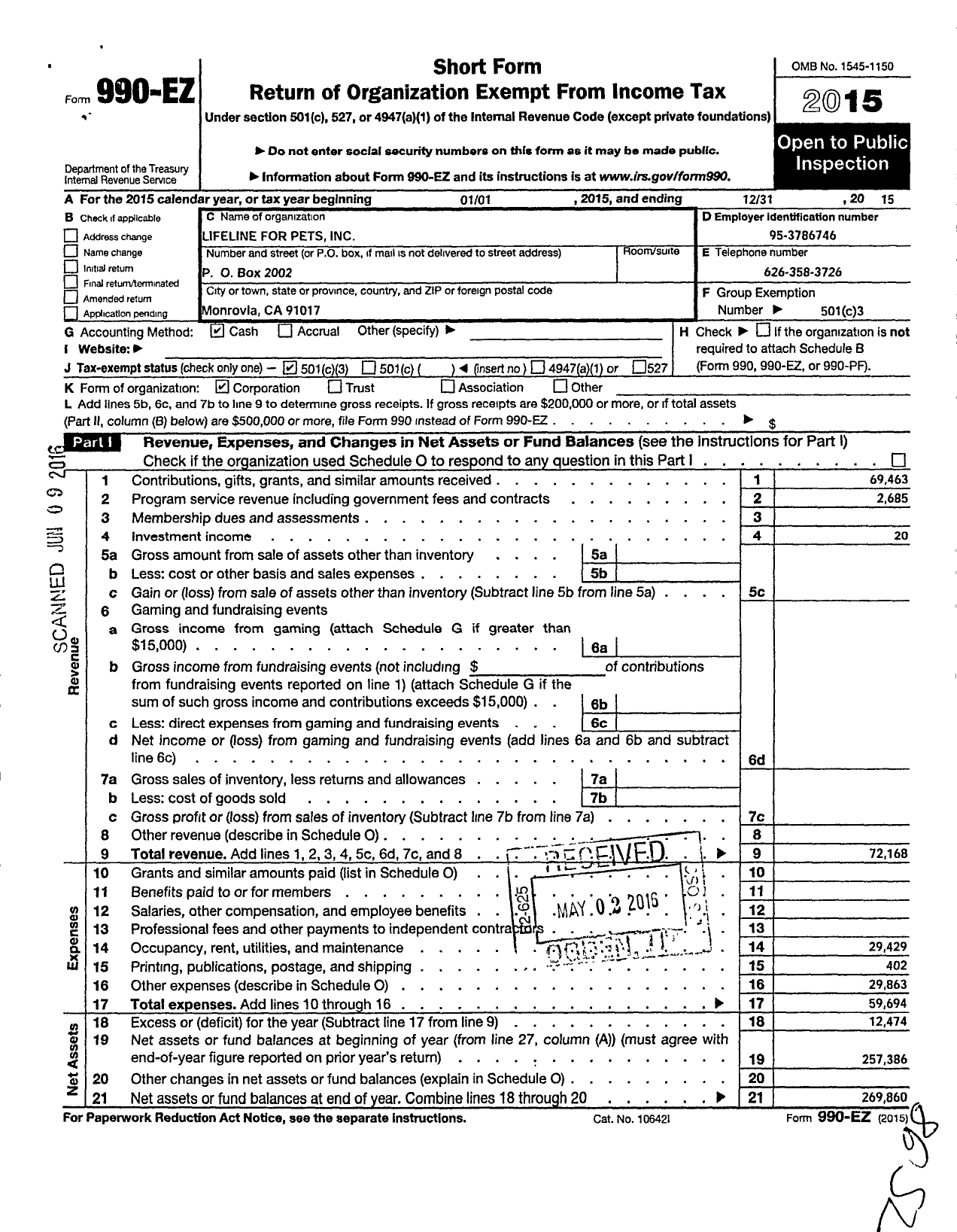 Image of first page of 2015 Form 990EZ for Lifeline for Pets