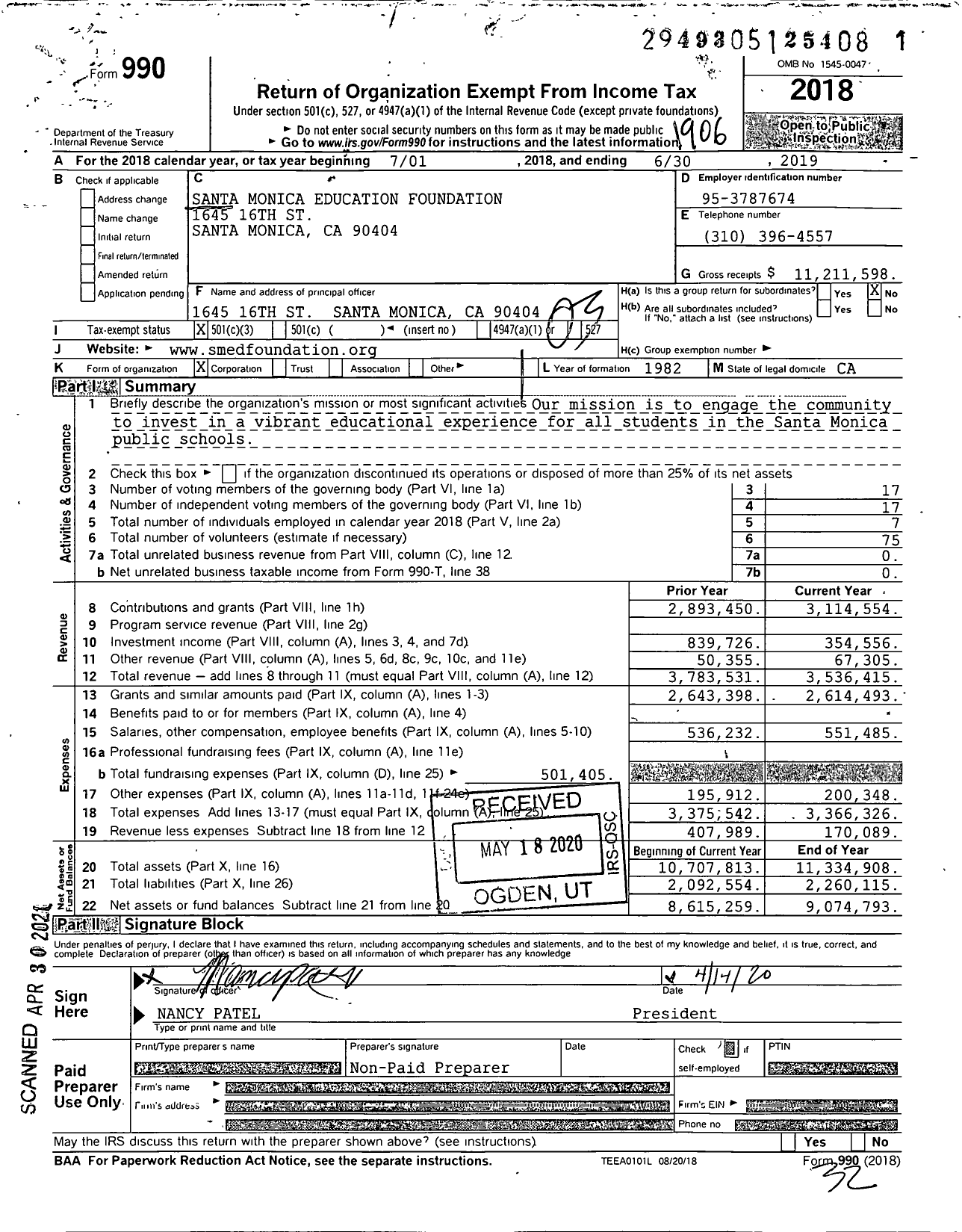 Image of first page of 2018 Form 990 for Santa Monica Education Foundation