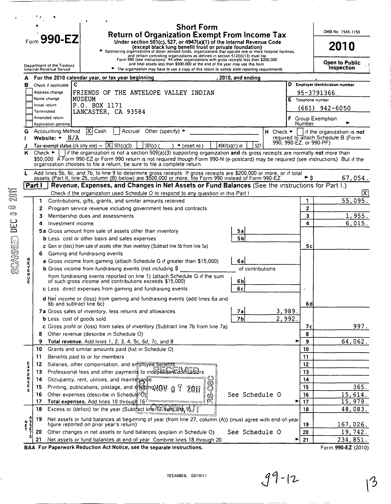 Image of first page of 2010 Form 990EZ for Friends of the Antelope Valley Indian Museum