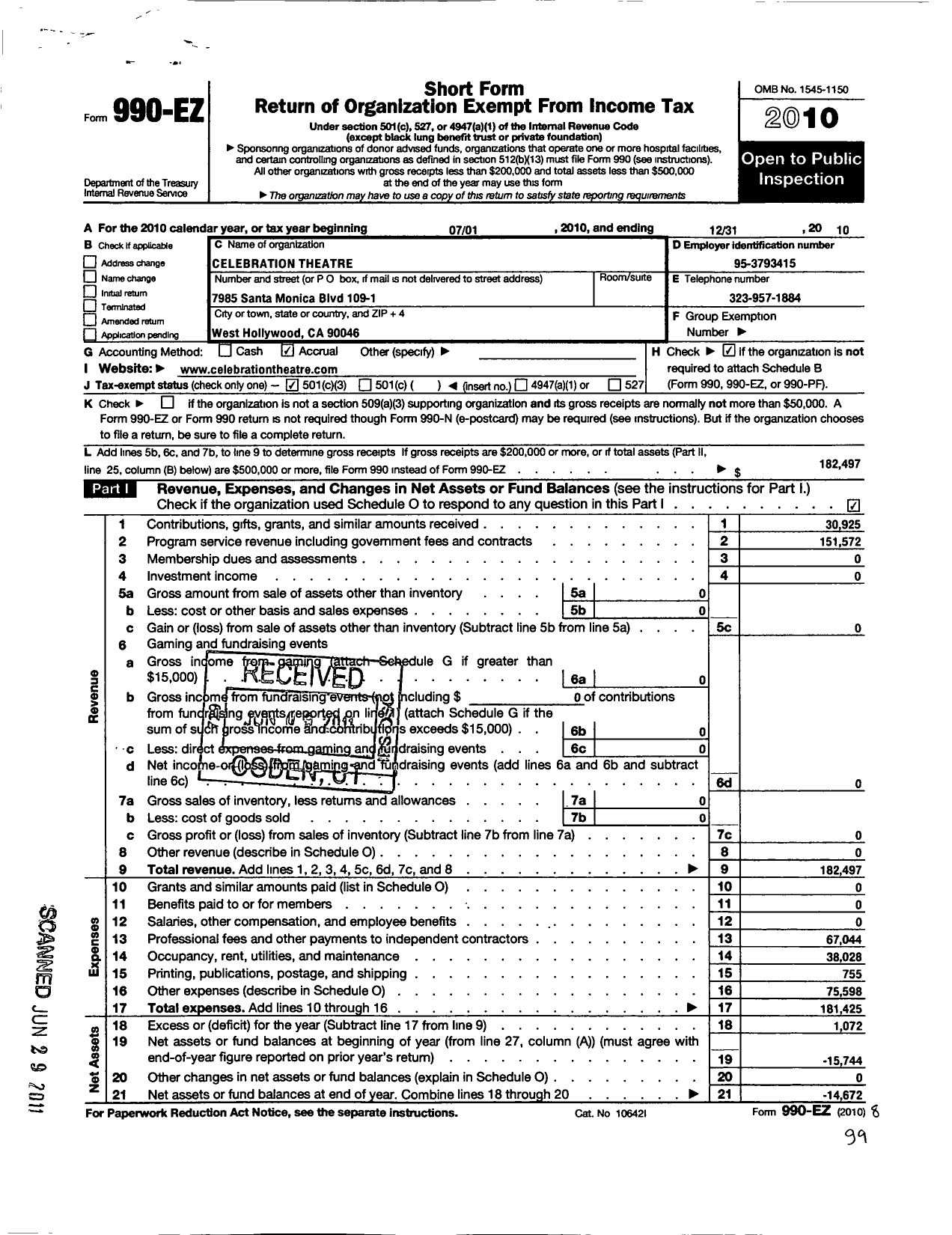 Image of first page of 2010 Form 990EZ for Celebration Theatre