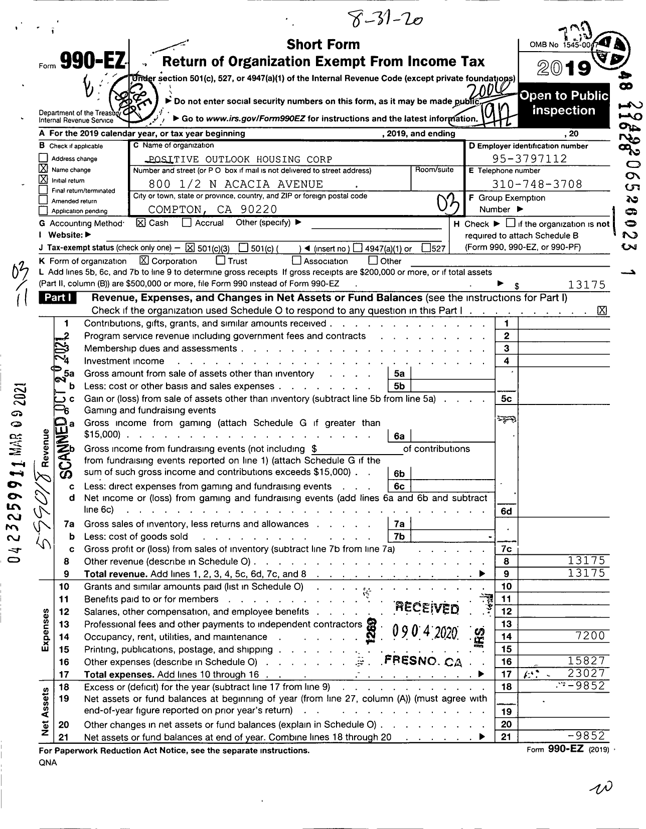 Image of first page of 2019 Form 990EZ for Positive Outlook Housing Corporation