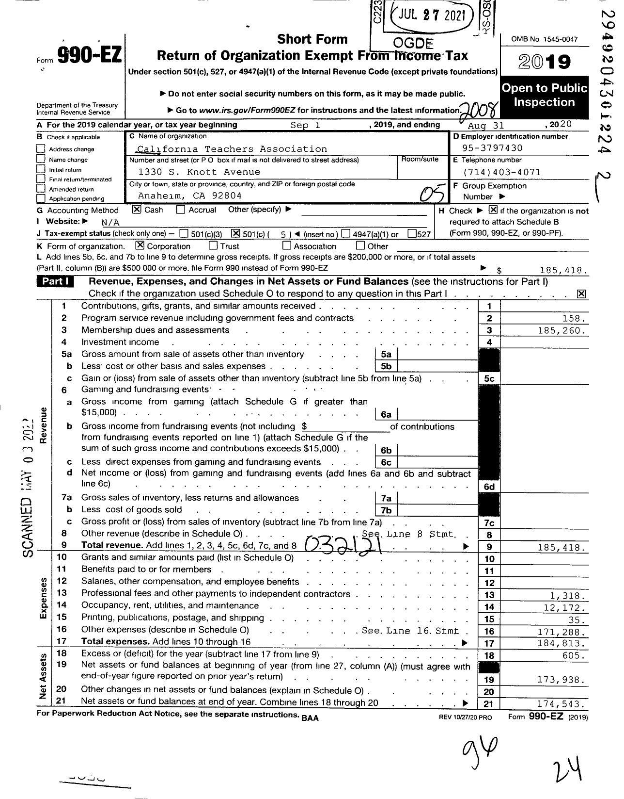 Image of first page of 2019 Form 990EO for California Teachers Association - Savanna District Teachers Assn