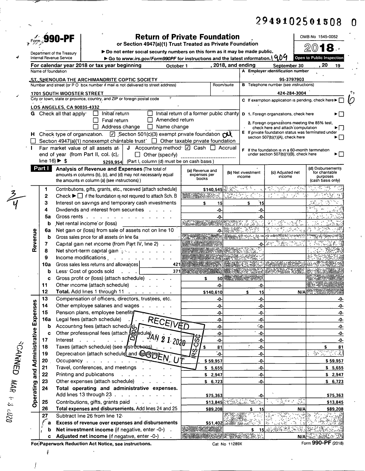 Image of first page of 2018 Form 990PR for St Shenouda the Archmandrite