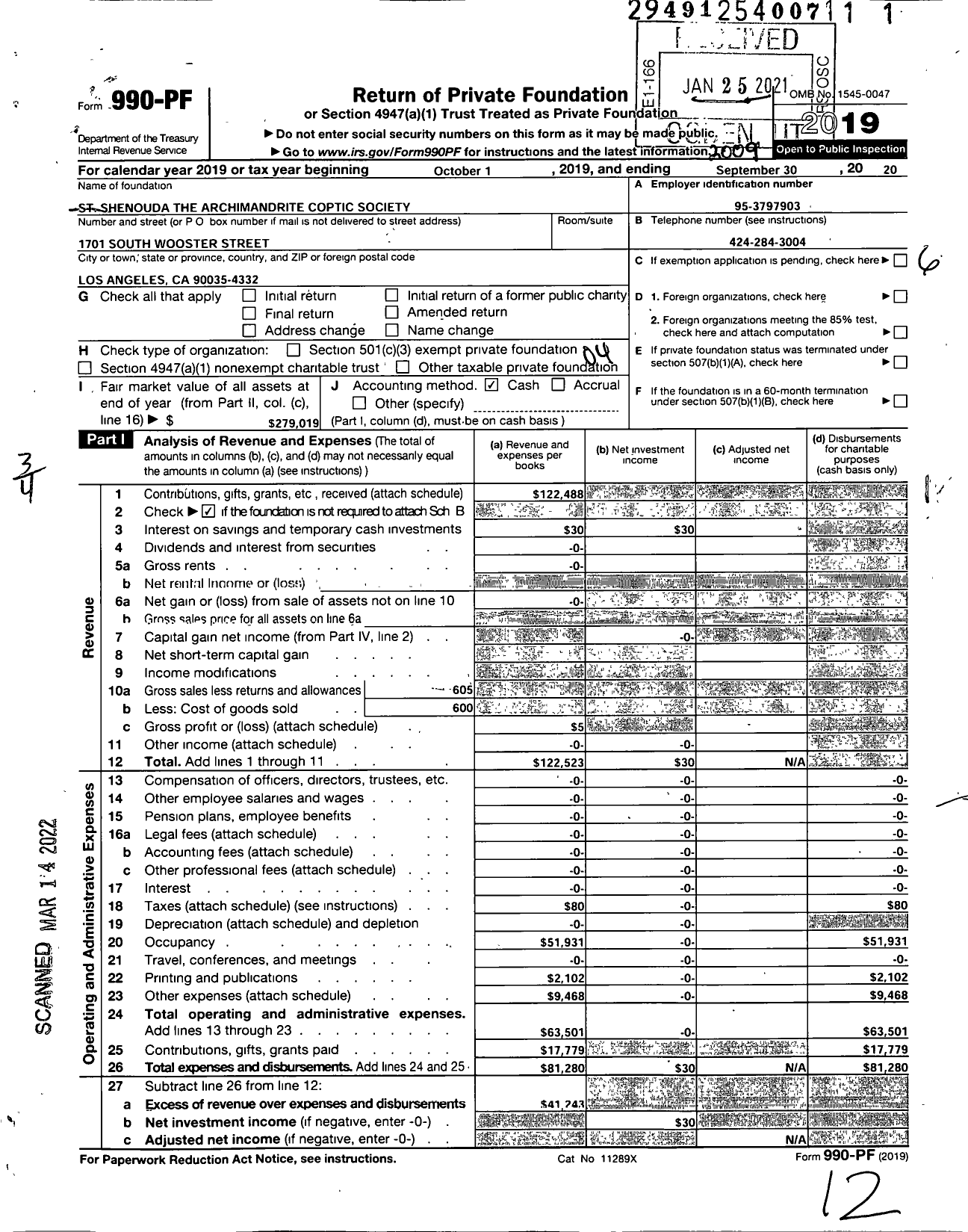 Image of first page of 2019 Form 990PF for St Shenouda the Archmandrite