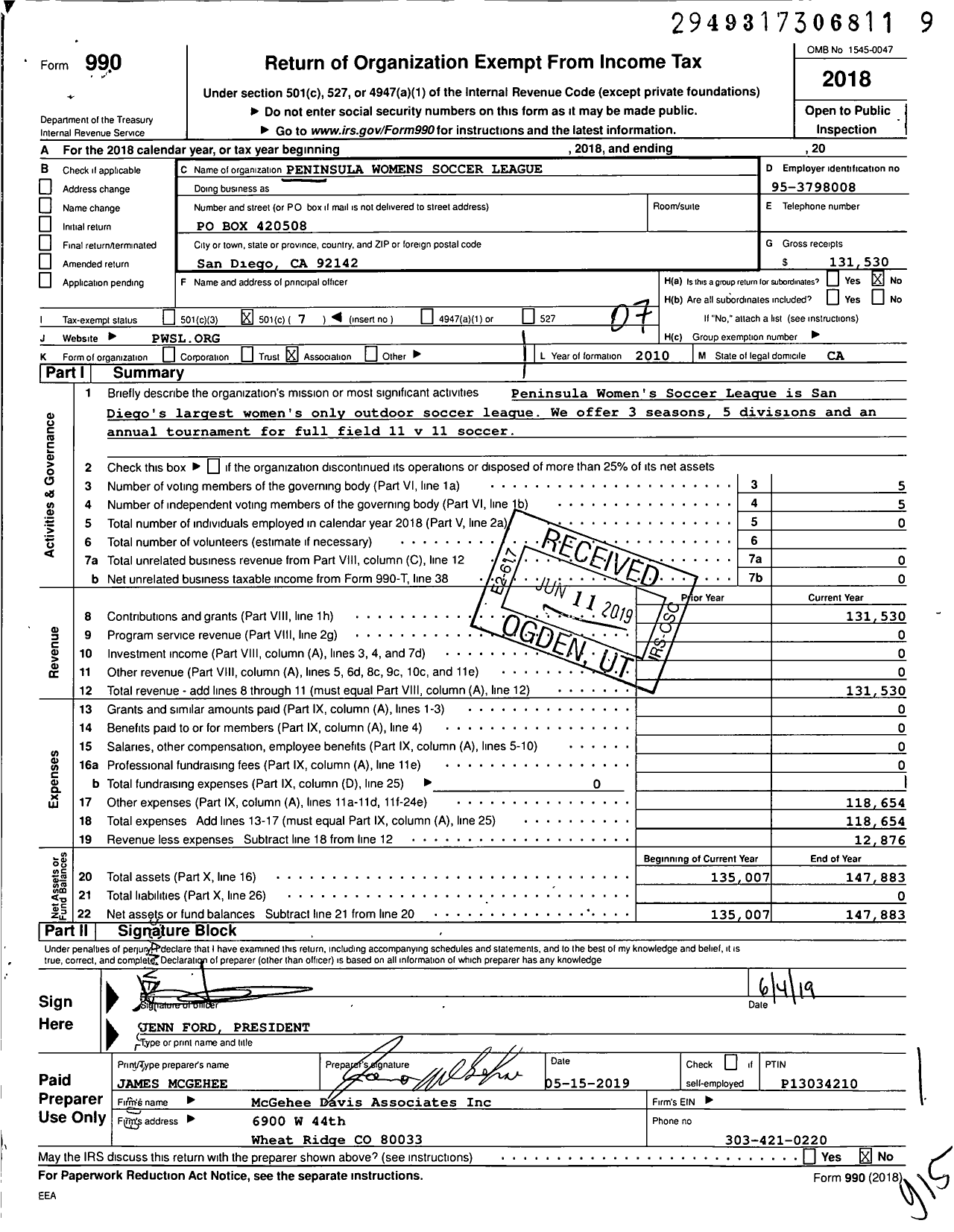 Image of first page of 2018 Form 990O for Peninsula Womens Soccer League