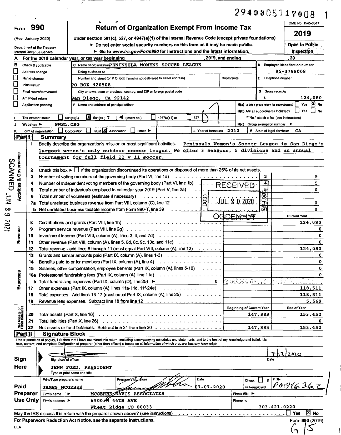 Image of first page of 2019 Form 990O for Peninsula Womens Soccer League