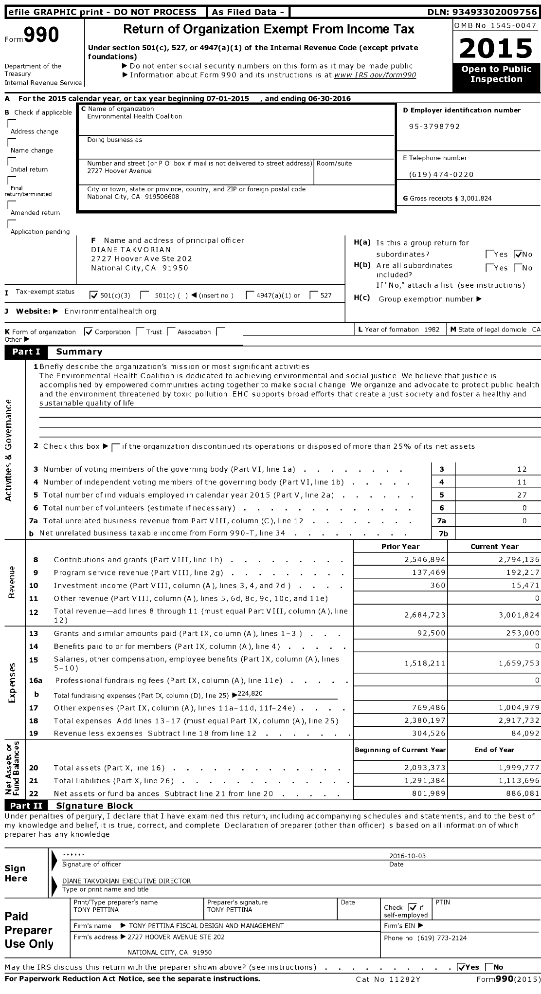 Image of first page of 2015 Form 990 for Environmental Health Coalition (EHC)