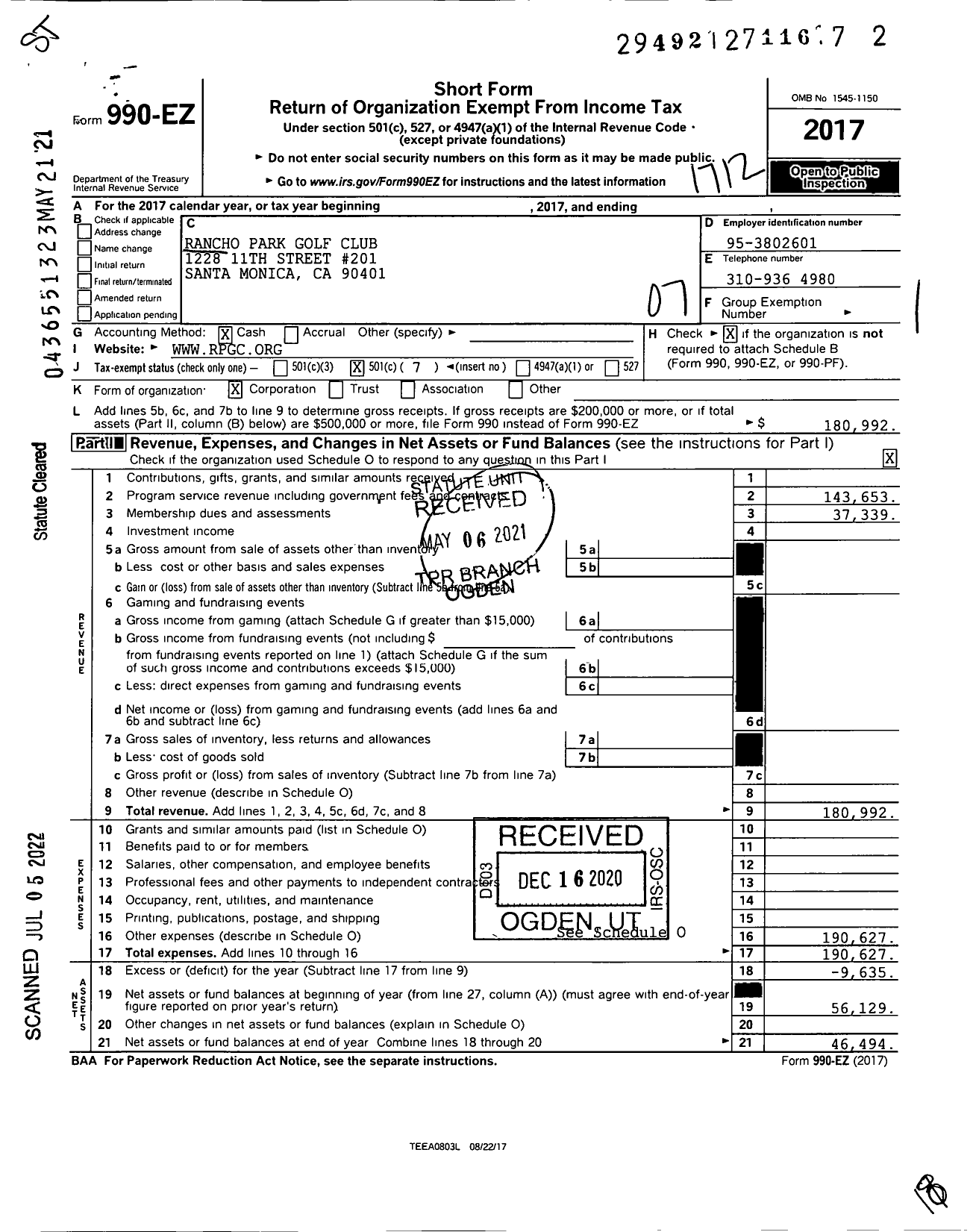 Image of first page of 2017 Form 990EO for Rancho Park Golf Club