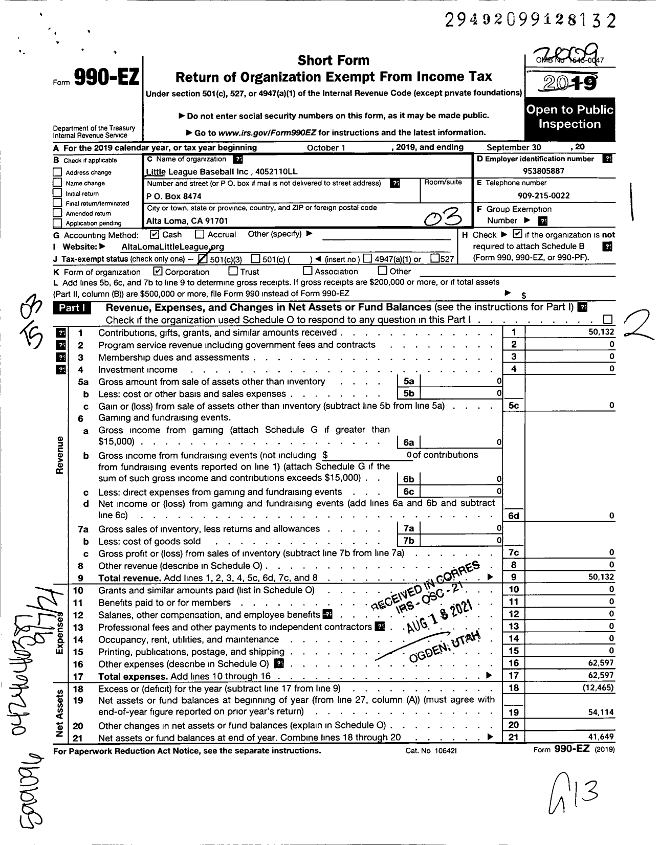 Image of first page of 2019 Form 990EZ for Little League Baseball - 4052110 Alta Loma LL