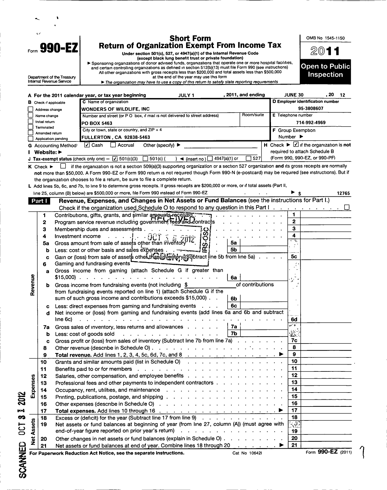 Image of first page of 2011 Form 990EZ for Wonders of Wildlife