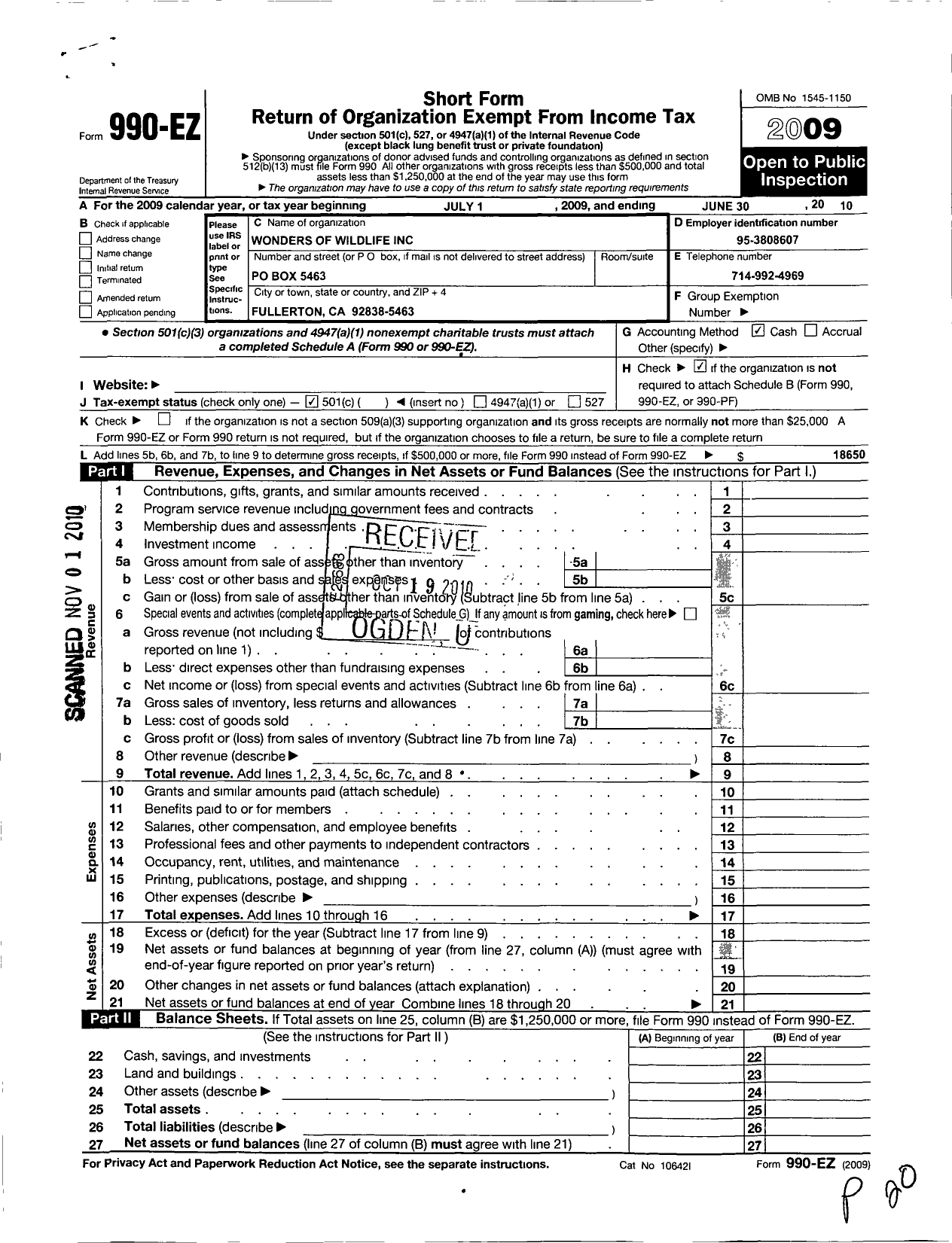 Image of first page of 2009 Form 990EO for Wonders of Wildlife