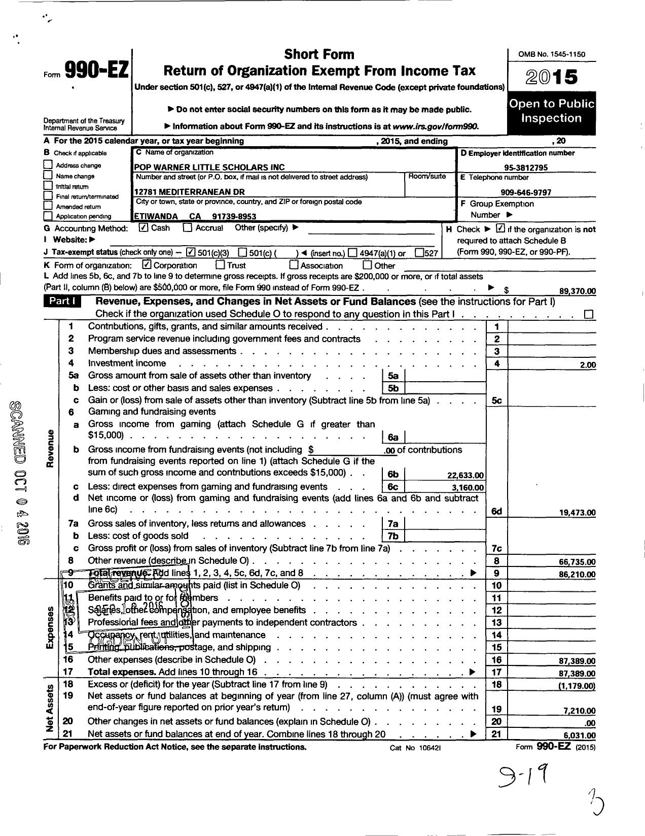 Image of first page of 2015 Form 990EZ for Pop Warner Little Scholars / Rancho Cucamonga Junior Football