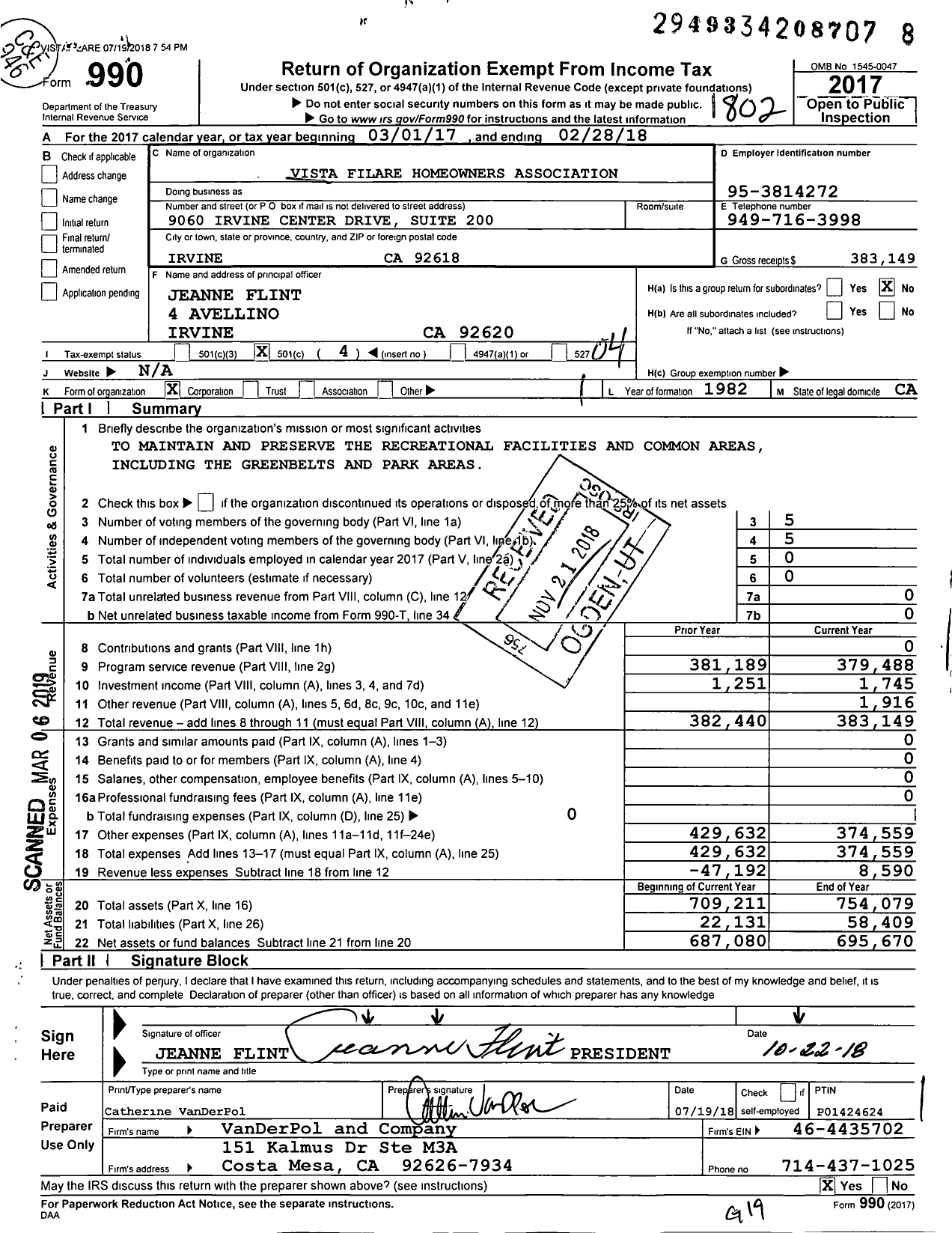 Image of first page of 2017 Form 990O for Vista Filare Homeowners Association
