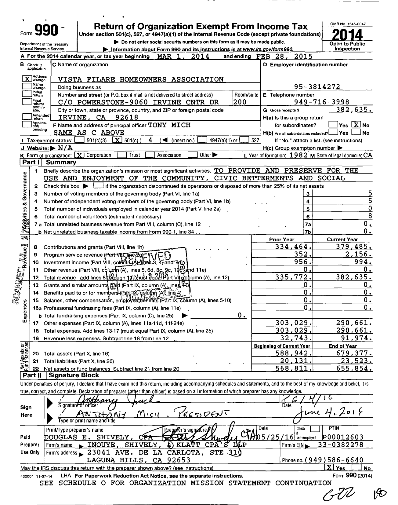 Image of first page of 2014 Form 990O for Vista Filare Homeowners Association