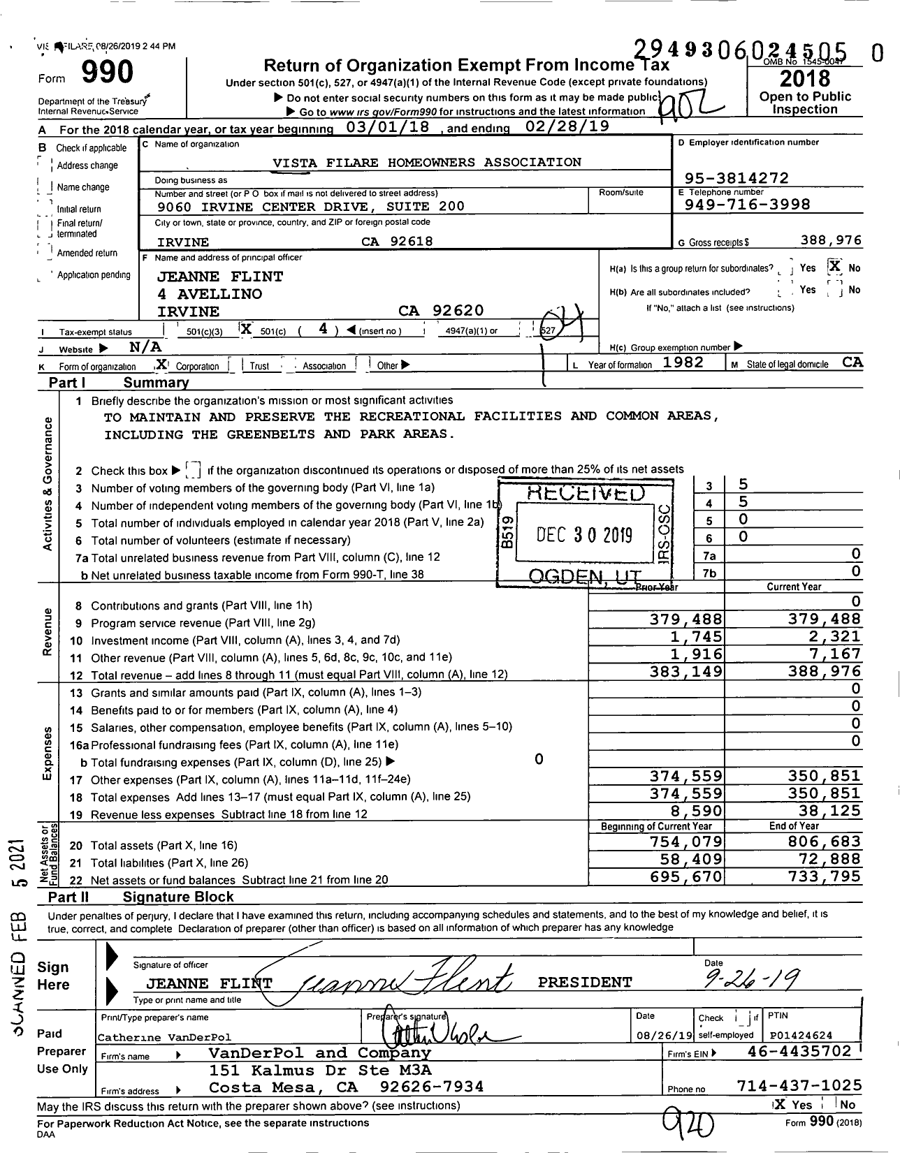 Image of first page of 2018 Form 990O for Vista Filare Homeowners Association