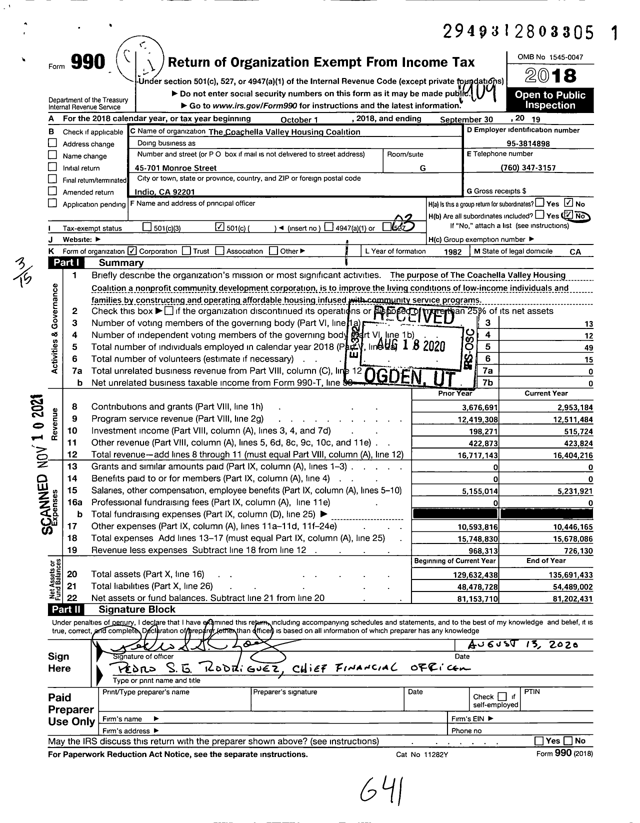 Image of first page of 2018 Form 990 for Coachella Valley Housing Coalition (CVHC)