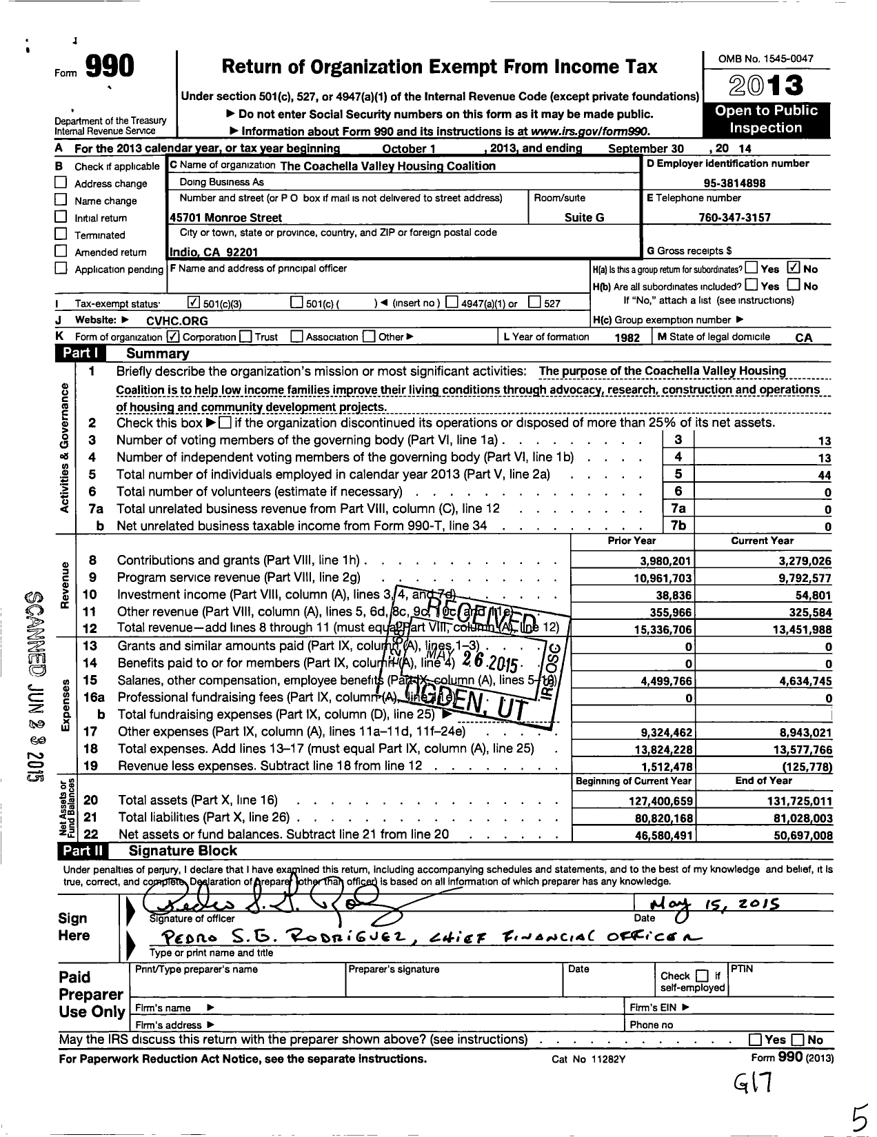 Image of first page of 2013 Form 990 for Coachella Valley Housing Coalition (CVHC)