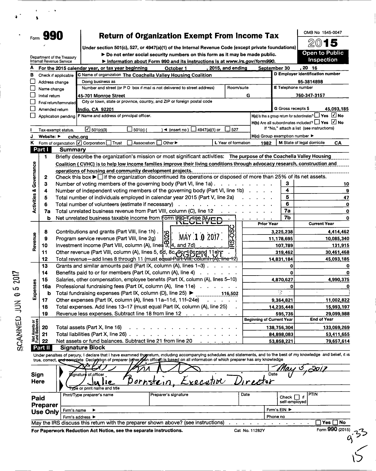Image of first page of 2015 Form 990 for Coachella Valley Housing Coalition (CVHC)