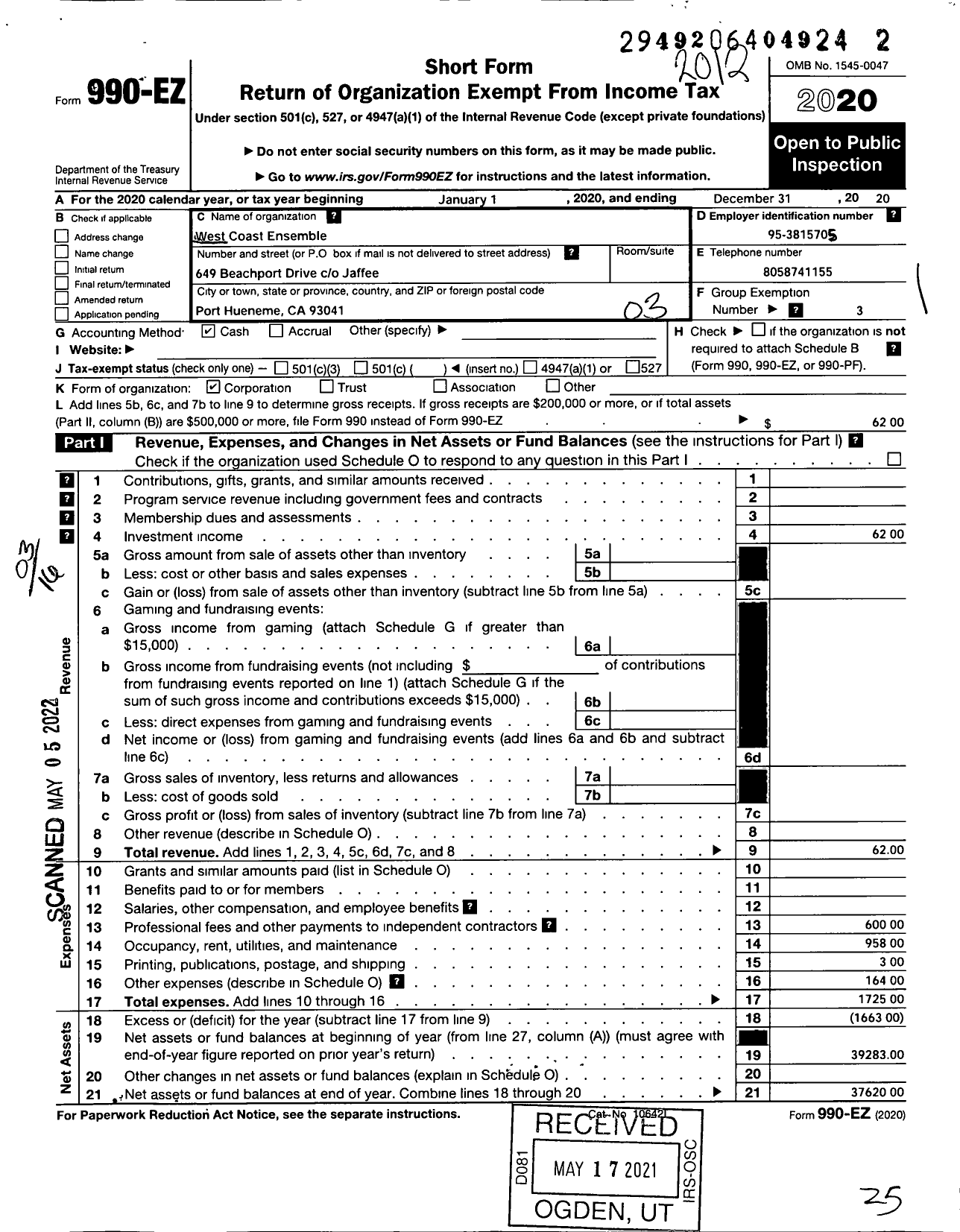 Image of first page of 2020 Form 990EZ for West Coast Ensemble