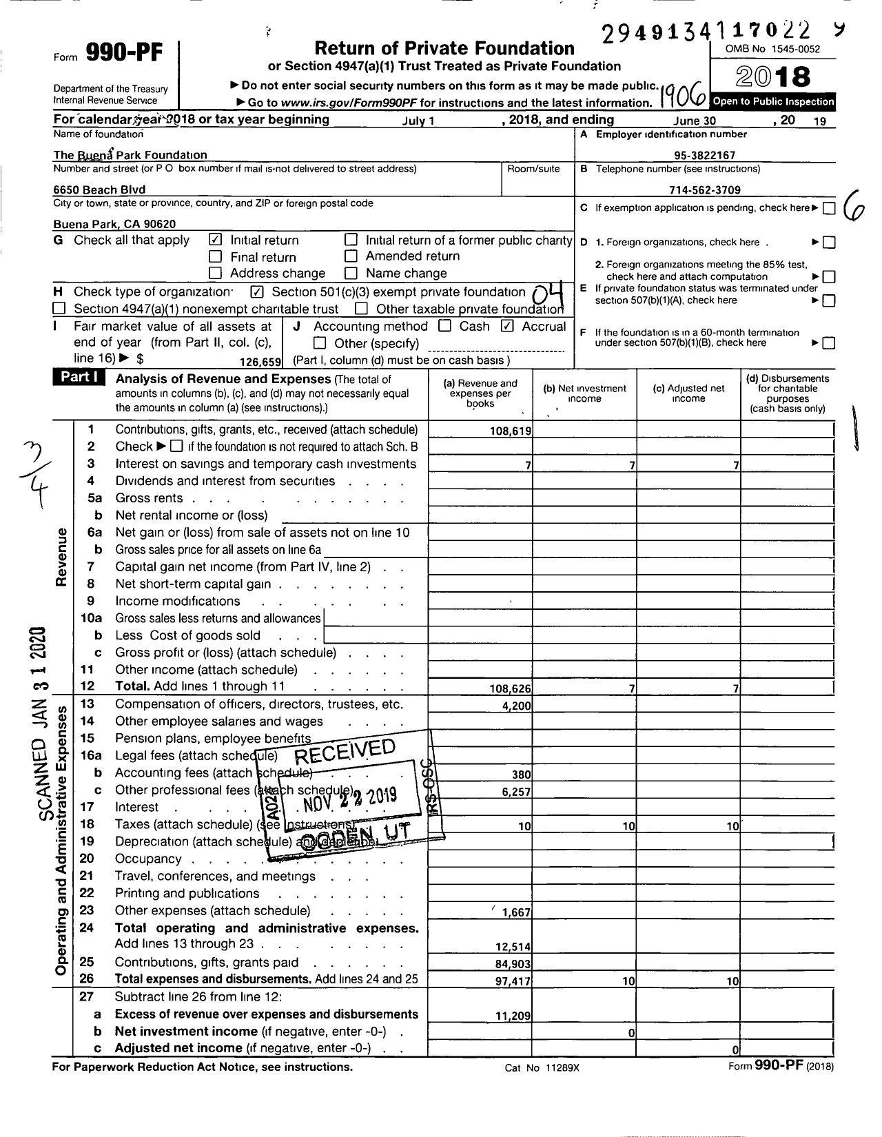 Image of first page of 2018 Form 990PF for The Buena Park Foundation