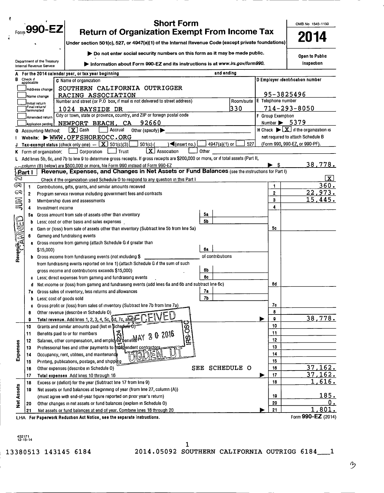 Image of first page of 2014 Form 990EZ for Off Shore Canoe Club