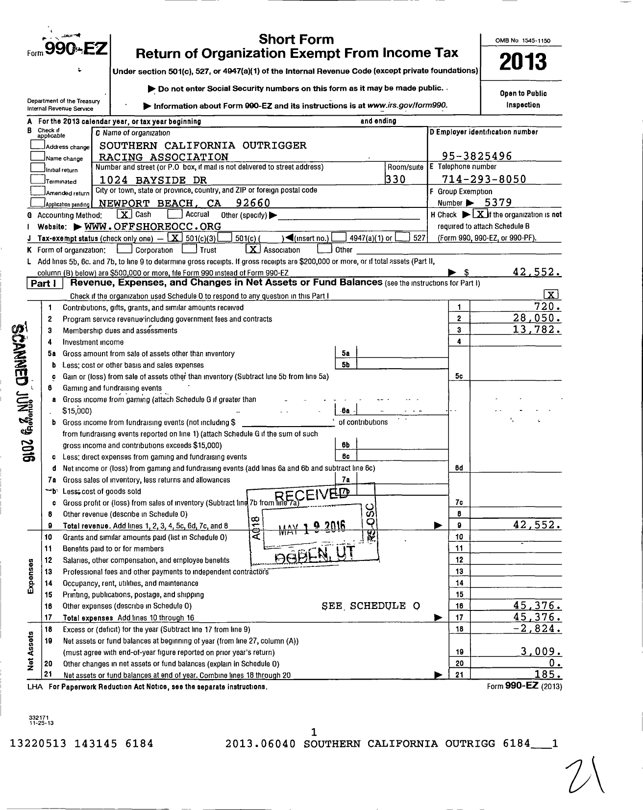 Image of first page of 2013 Form 990EZ for Off Shore Canoe Club