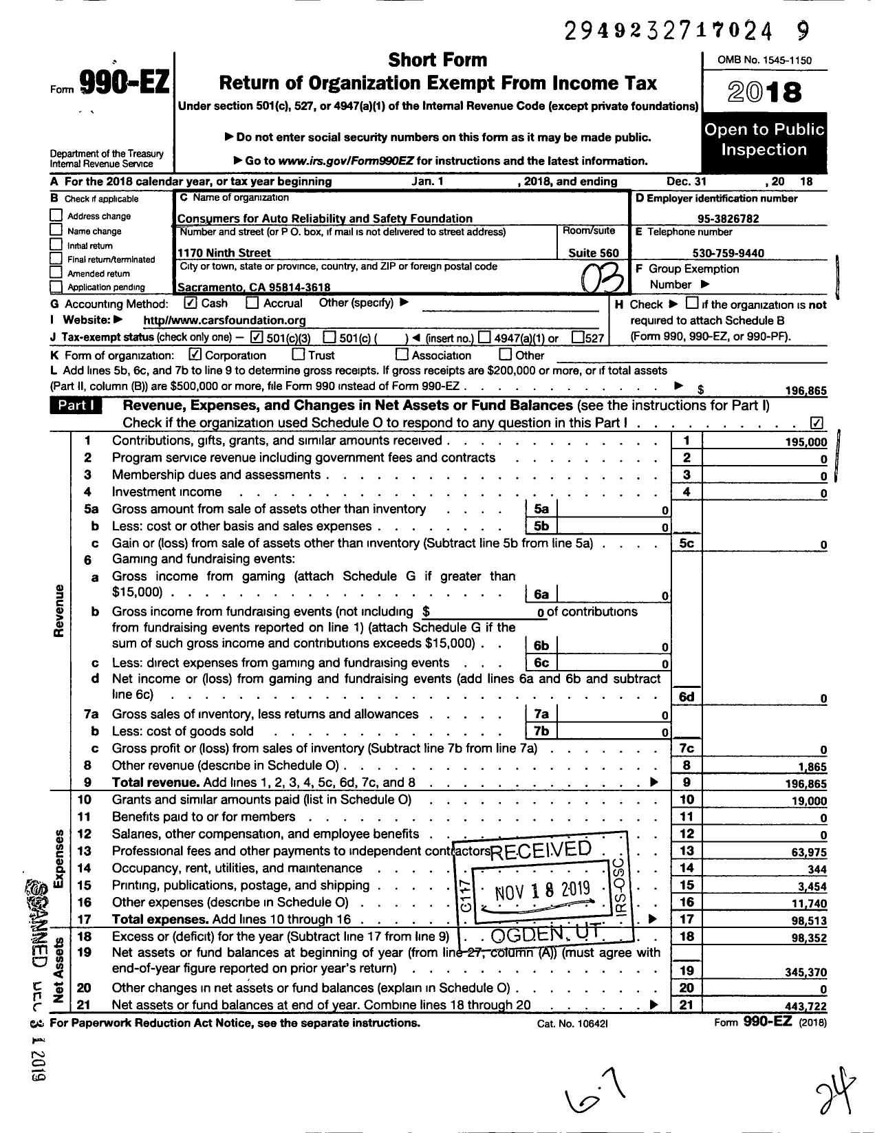 Image of first page of 2018 Form 990EZ for Consumers for Auto Reliability and Safety Foundation