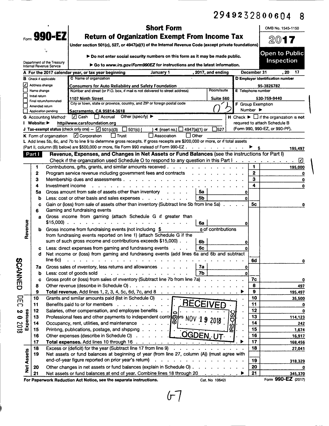 Image of first page of 2017 Form 990EZ for Consumers for Auto Reliability and Safety Foundation