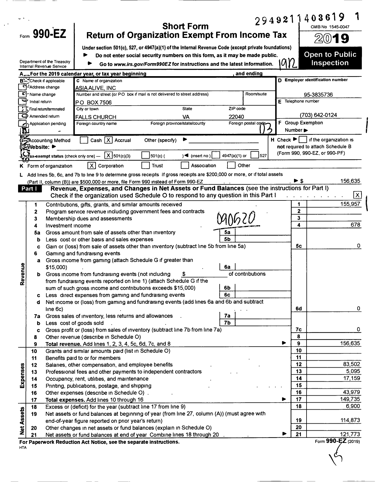 Image of first page of 2019 Form 990EZ for Asia Alive