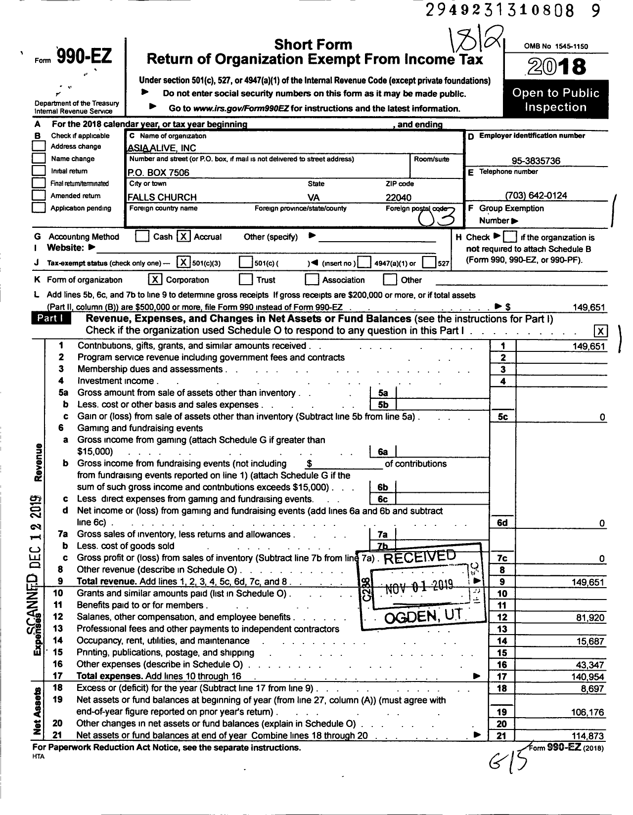 Image of first page of 2018 Form 990EZ for Asia Alive