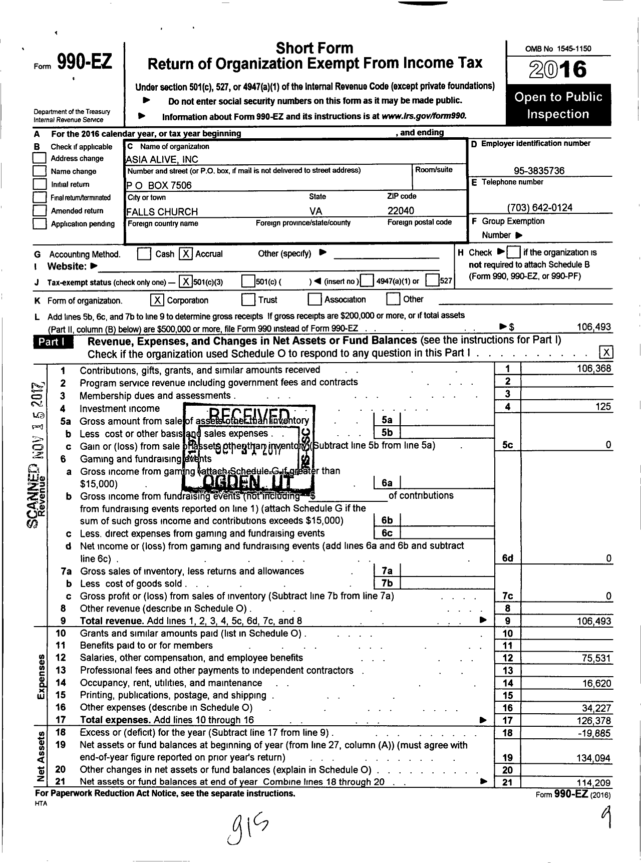 Image of first page of 2016 Form 990EZ for Asia Alive