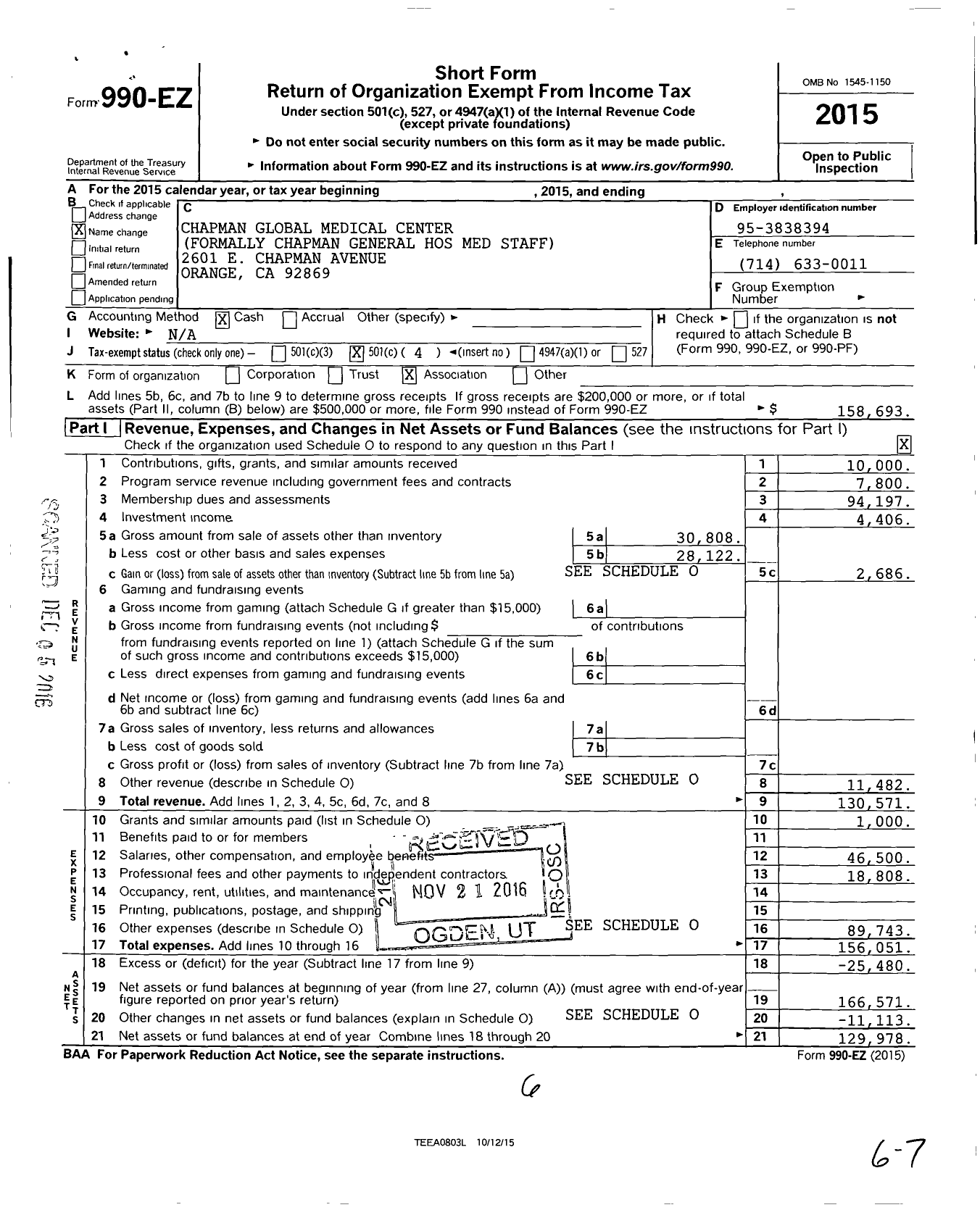 Image of first page of 2015 Form 990EO for Chapman Global Medical Center