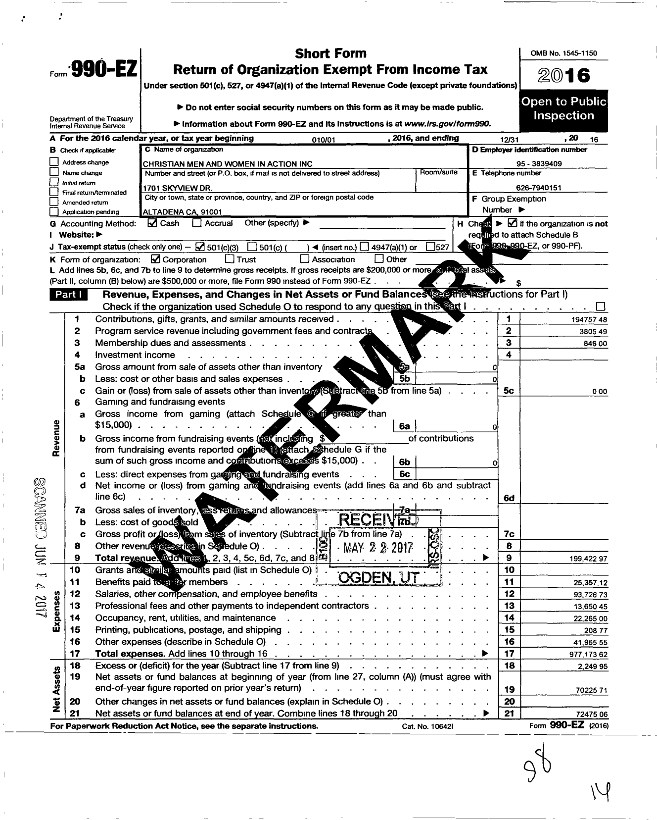 Image of first page of 2016 Form 990EZ for Christian Men and Women in Action