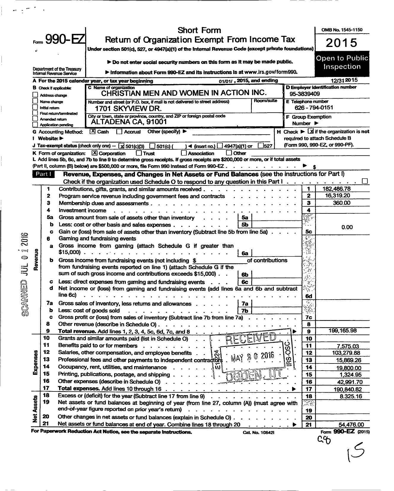 Image of first page of 2015 Form 990EZ for Christian Men and Women in Action