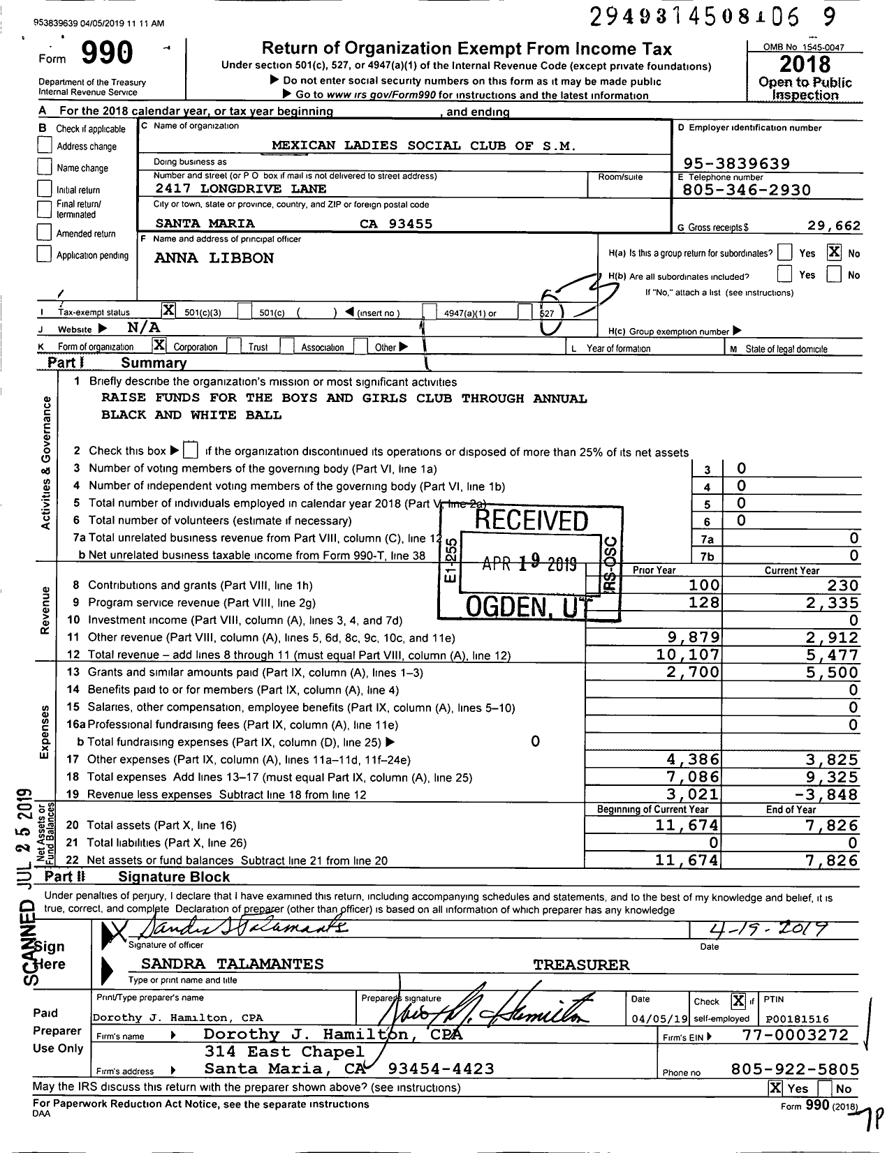 Image of first page of 2018 Form 990 for Mexican Ladies Social Club of Santa Maria