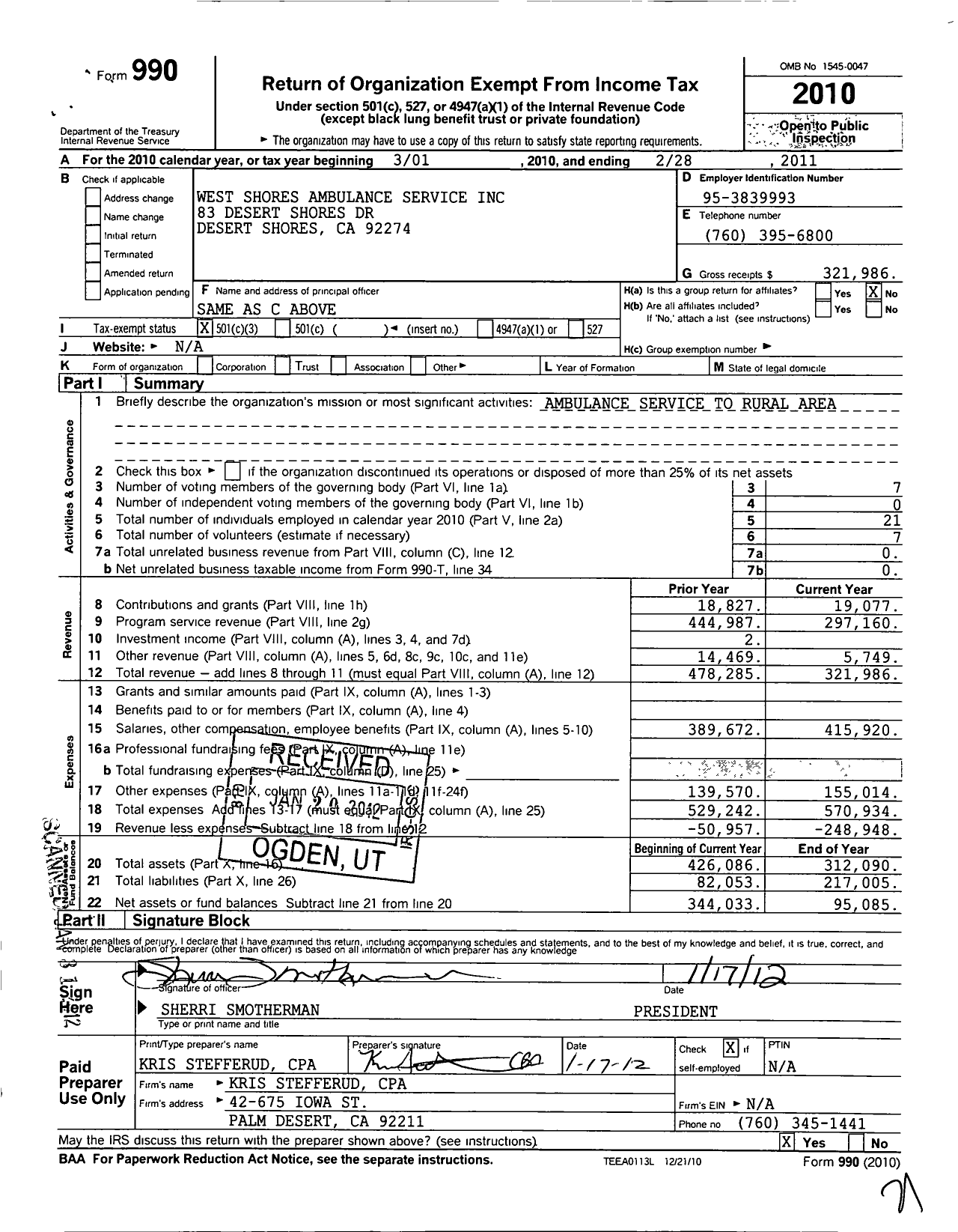 Image of first page of 2010 Form 990 for West Shore Ambulance Services