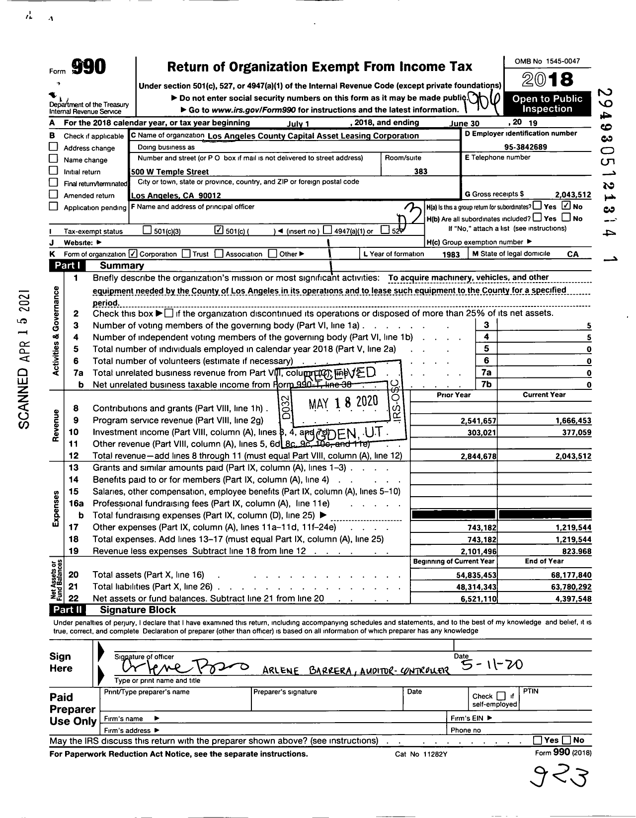 Image of first page of 2018 Form 990 for Los Angeles County Capital Asset Leasing Corporation