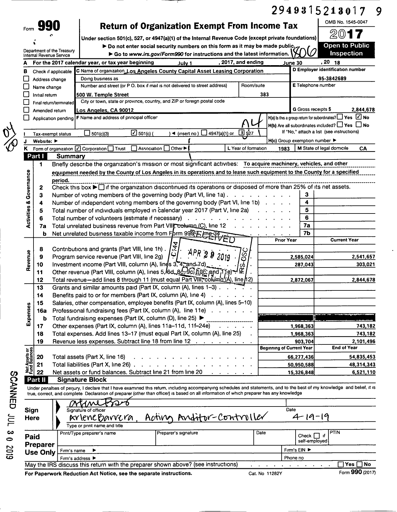 Image of first page of 2017 Form 990O for Los Angeles County Capital Asset Leasing Corporation