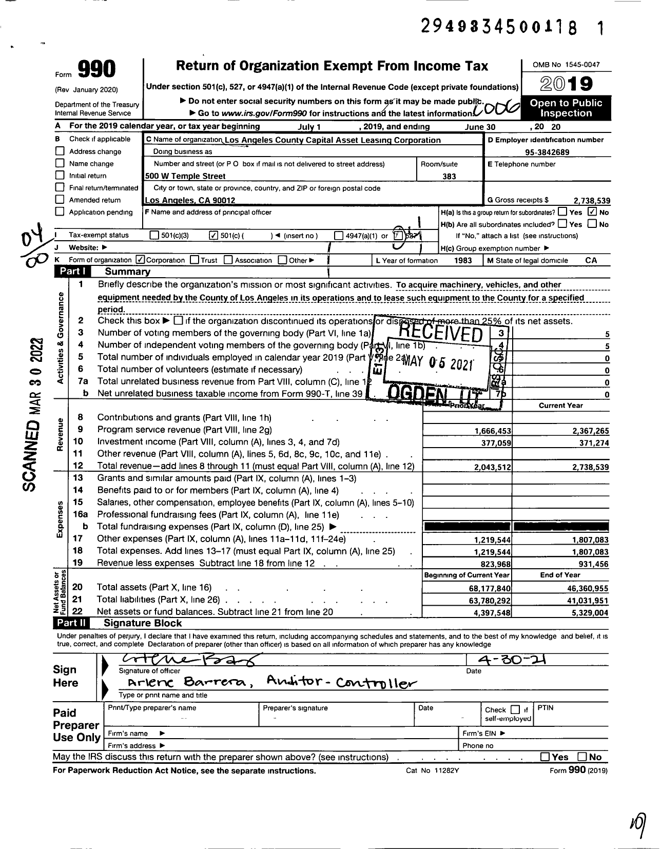 Image of first page of 2019 Form 990O for Los Angeles County Capital Asset Leasing Corporation