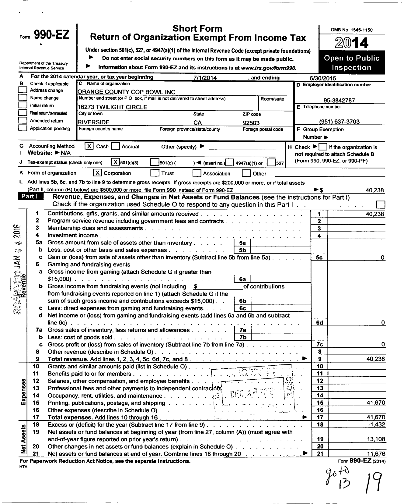 Image of first page of 2014 Form 990EZ for Orange County Cop Bowl