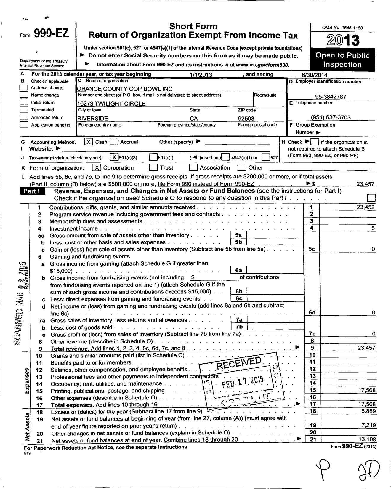 Image of first page of 2013 Form 990EZ for Orange County Cop Bowl