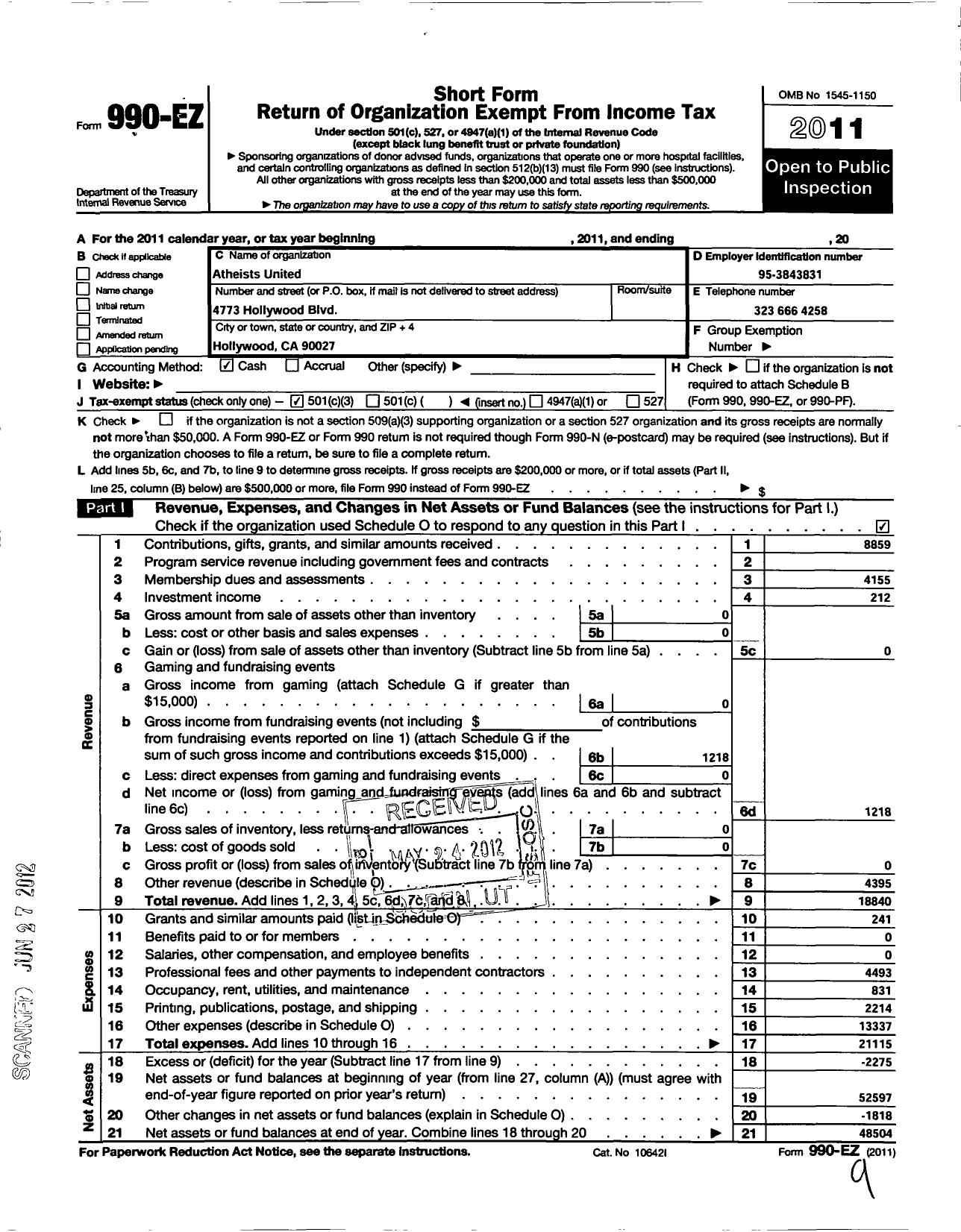 Image of first page of 2011 Form 990EZ for Atheists United