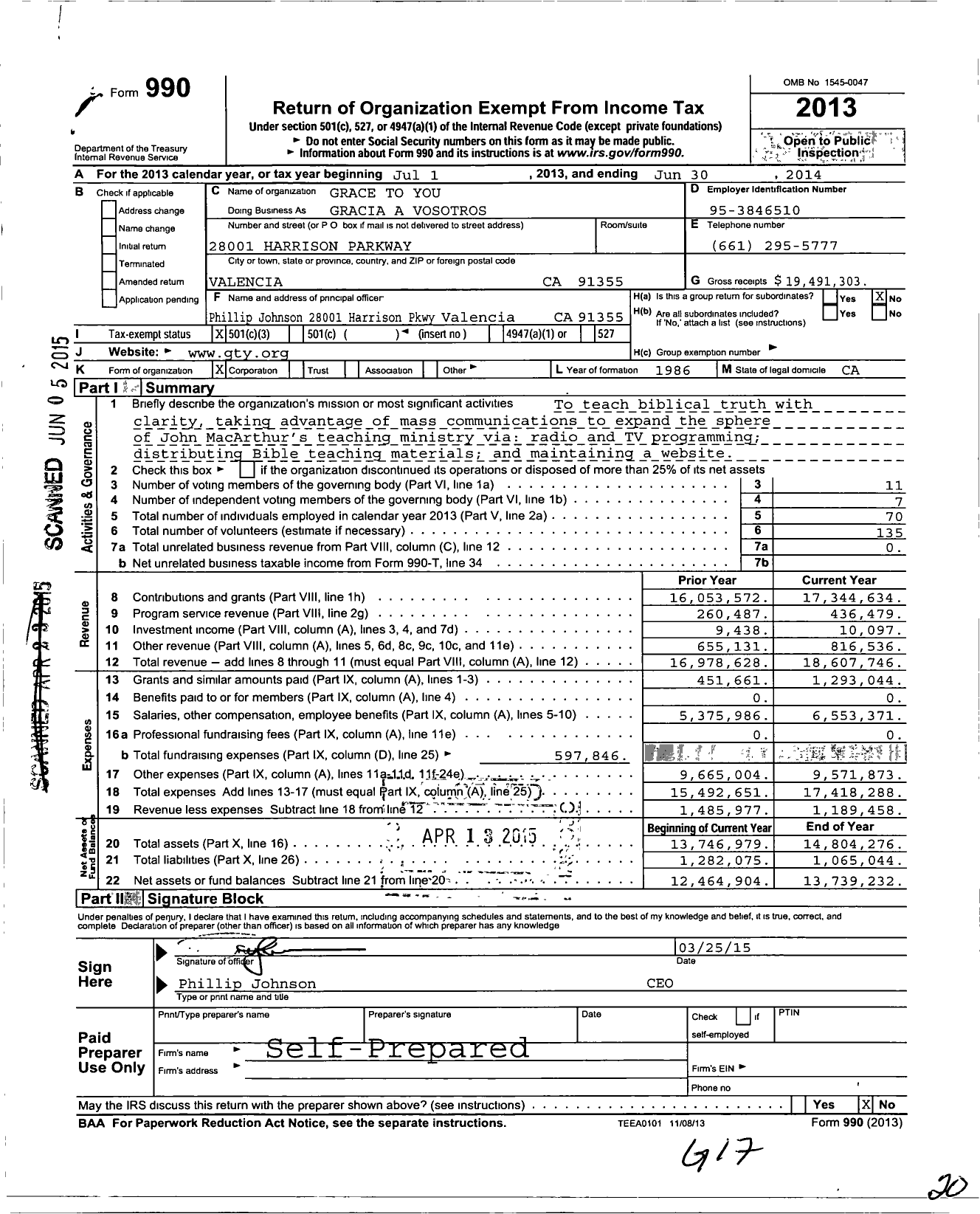Image of first page of 2013 Form 990 for Grace to You