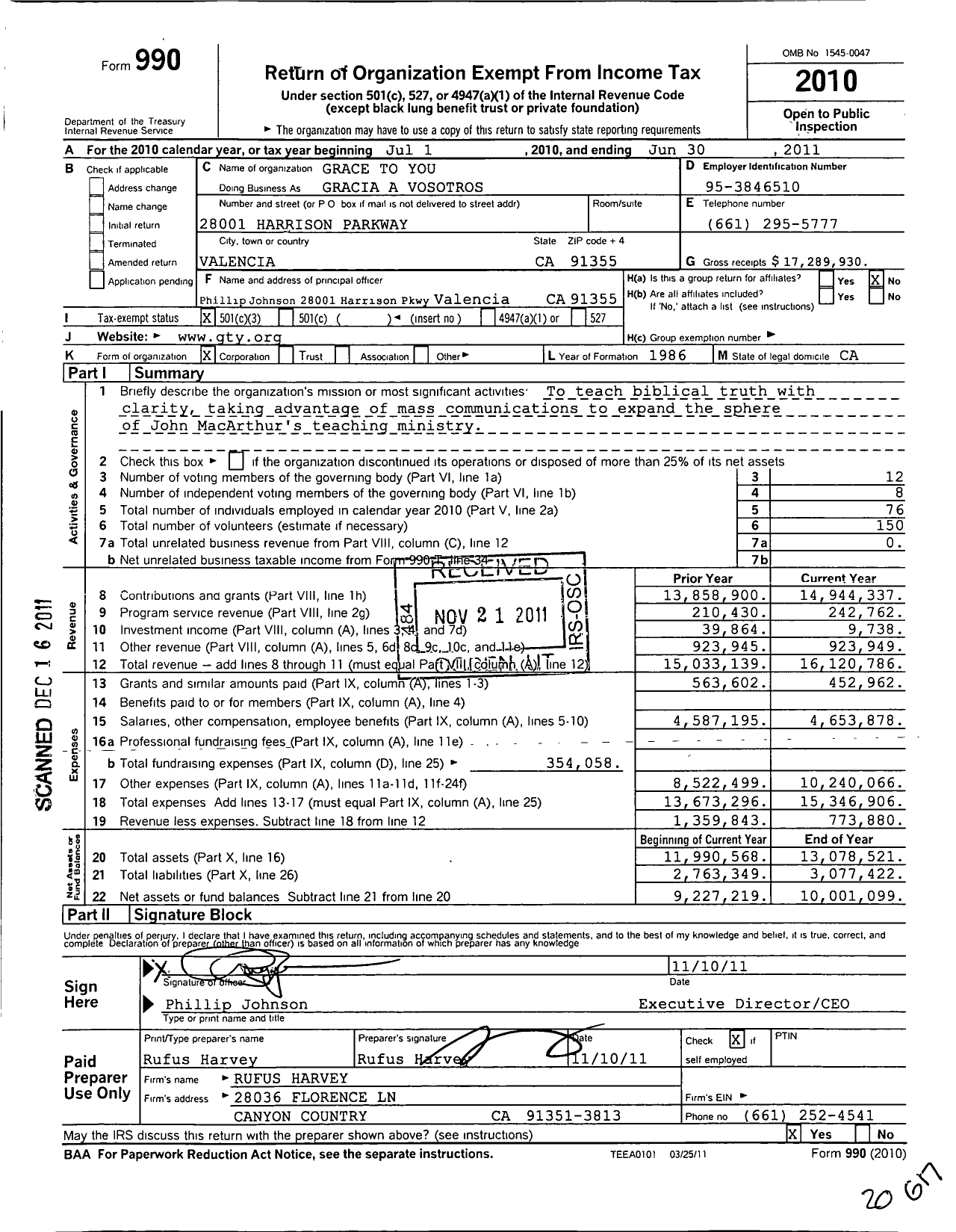 Image of first page of 2010 Form 990 for Grace to You