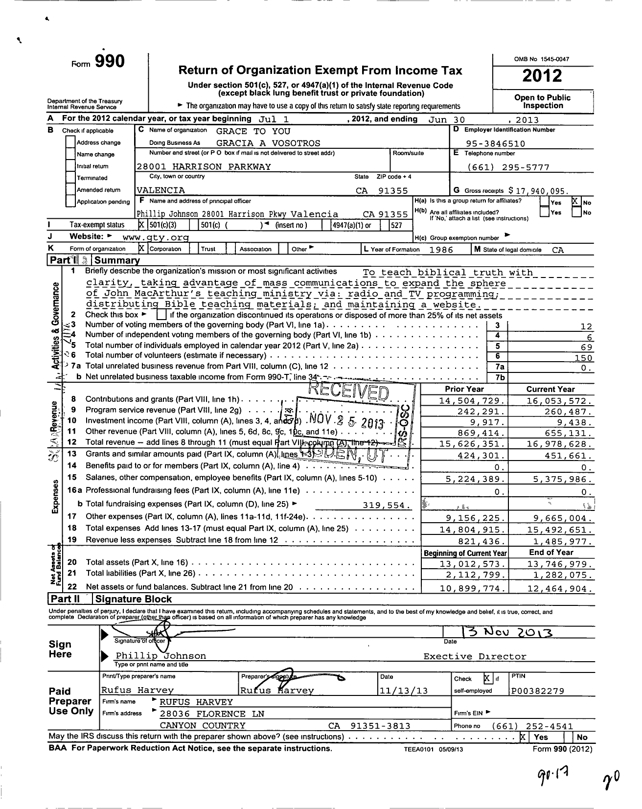 Image of first page of 2012 Form 990 for Grace to You