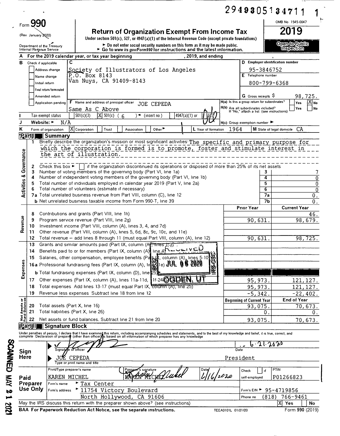 Image of first page of 2019 Form 990O for Society of Illustrators of Los Angeles